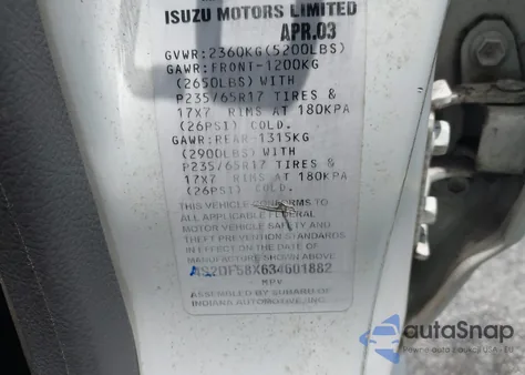 2003 Isuzu Axiom S/Xs from USA, damaged, VIN 4S2DF58X634601882